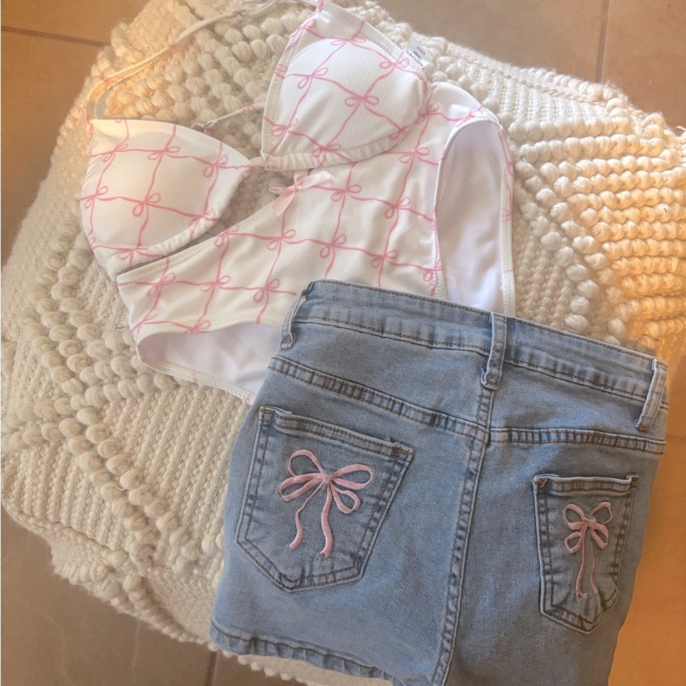 SHEIN Pink and White Bow Bikini and Denim Shorts - NEW